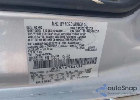 2002 Mercury Grand Marquis Gs from USA, damaged, VIN 2MEFM74W22X657214